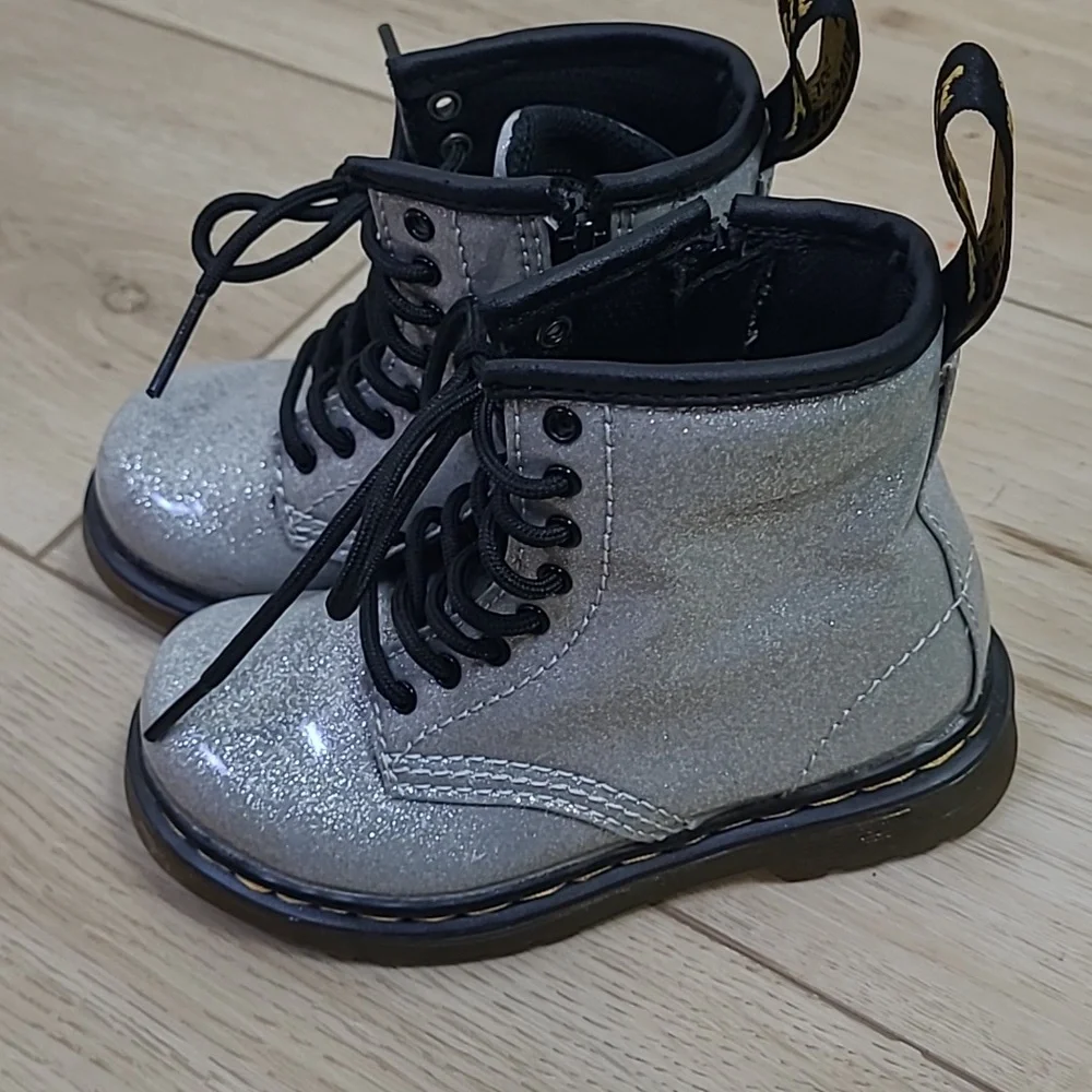 Dr. Martens Kids' Shimmering Silver Boots Size 8